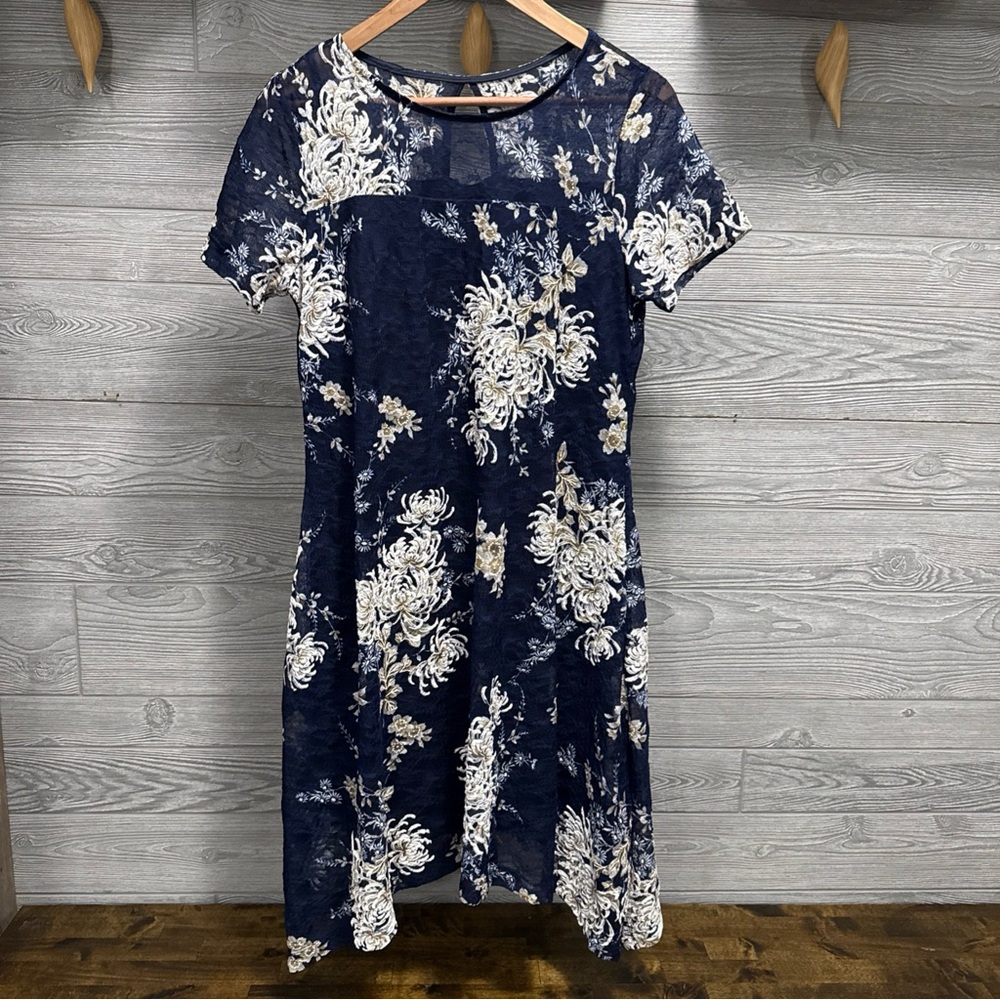 Roz Ali Modest Floral Lace Midi Dress L Flowy Lined Sheer Sleeves Church Event